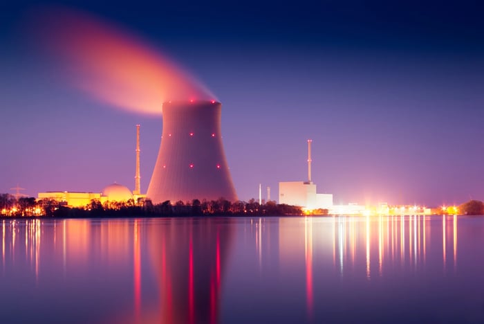 Nuclear power plant at night. 