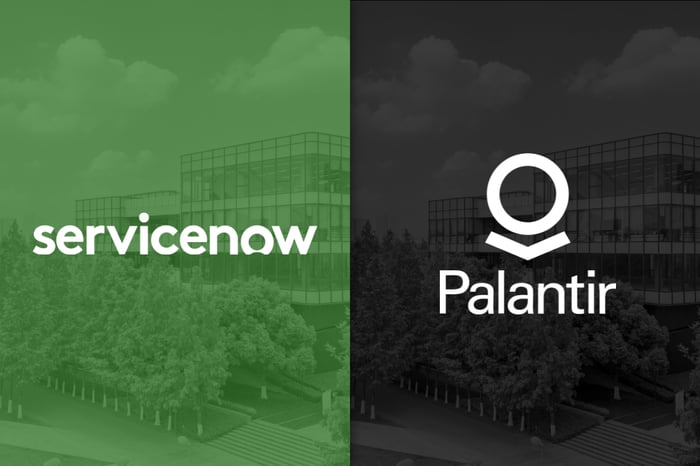 ServiceNow logo on a green background next to the Palantir logo on a black background