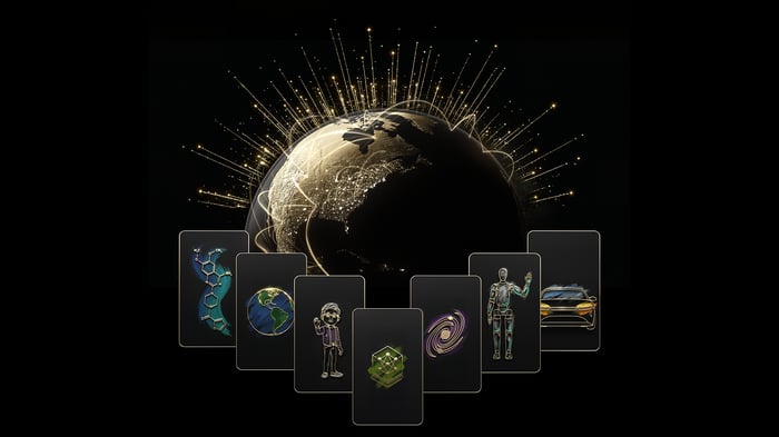 Digital icons surround an illuminated model of the Earth.