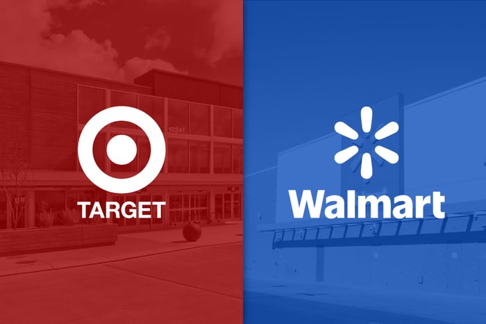 The Target logo next to the Walmart logo.