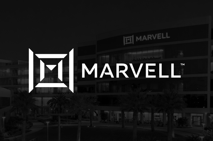 Marvell company name and logo written in white on a black background.