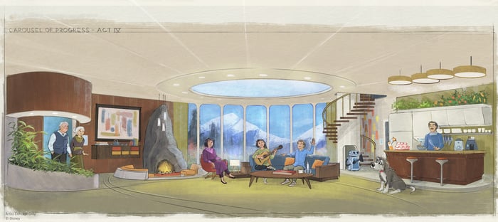 Concept art for the final act of the Carousel of Progress attraction at Disney World's Magic Kingdom.