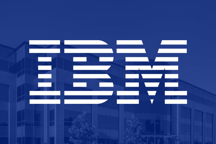 White IBM logo on blue background.