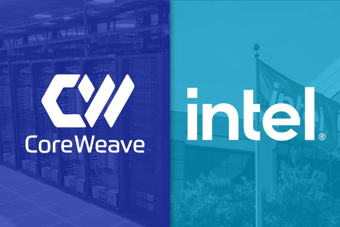 Intel and CoreWeave logos.