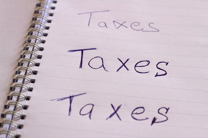 The word taxes is scrawled on a notebook sheet.