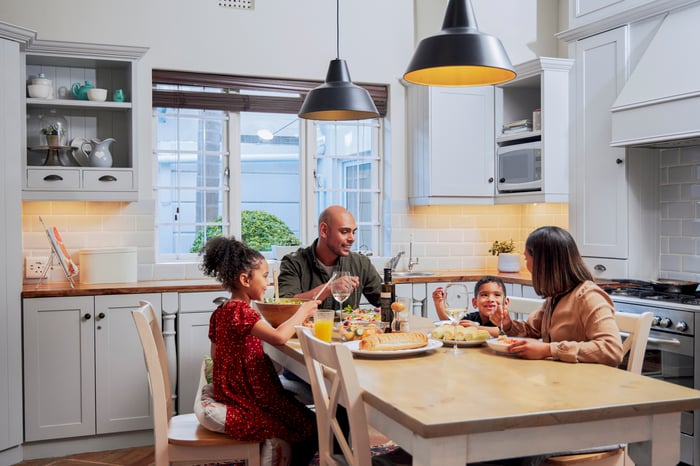 Four people sitting at a table and eating.