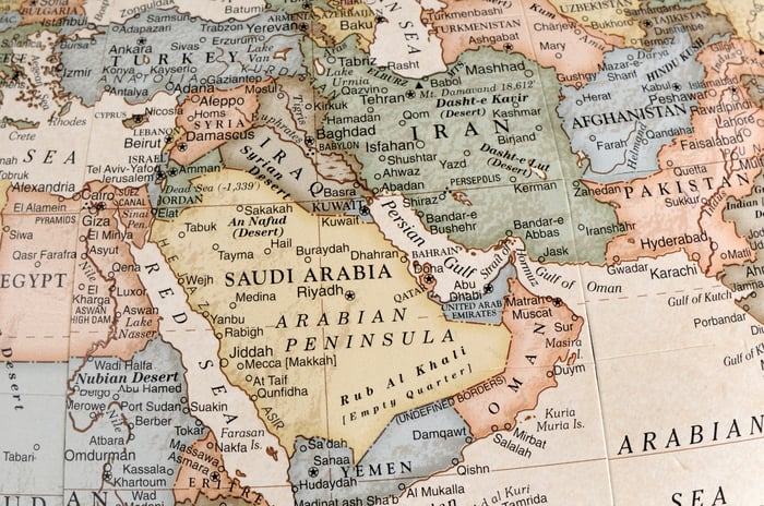A close up of a globe, highlighting the Middle East.