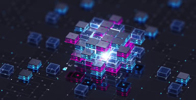Multi-colored blocks stacked on a computer chip symbolize the increasing complexity of artificial intelligence (AI) chips