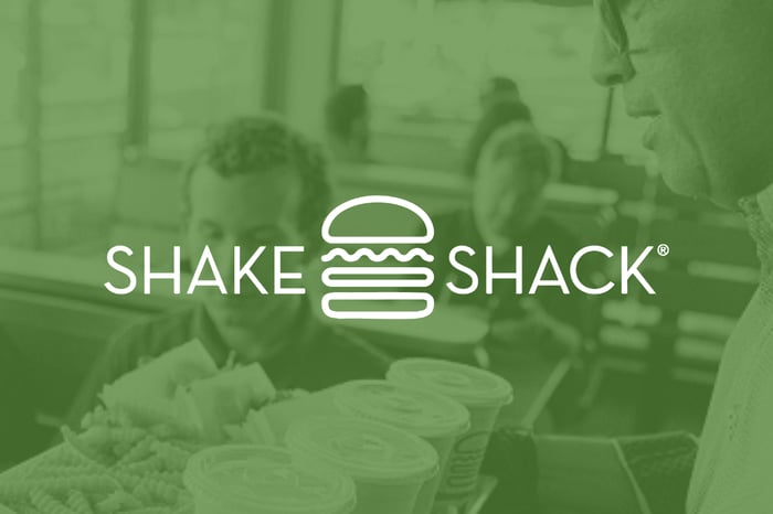 Shake Shack's logo stands out on top of a green-shaded background of people eating at a restaurant.