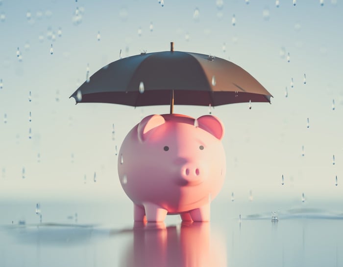 A piggy bank with an umbrella over its head as rain pours down.