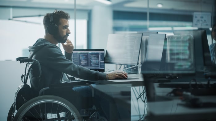 A person working at a desk  with several screens.