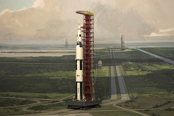 Rocket on a launchpad waiting for takeoff.