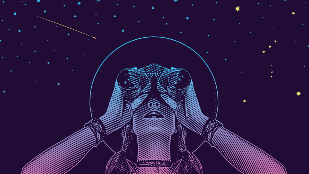 Illustration in a wood carving style of a person looking through binoculars at the cosmos, illustrating investor interest in the SpaceX initial public offering.