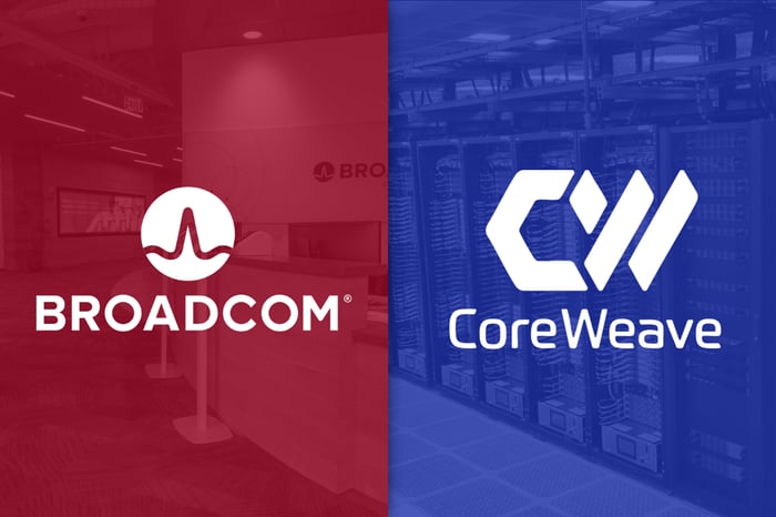Broadcom and CoreWeave's logos. 