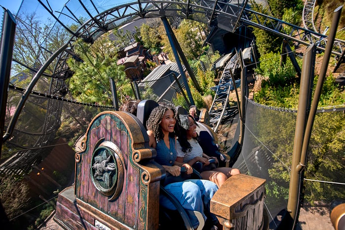 Guests enjoying the Curse of the Werewolf rollercoaster.