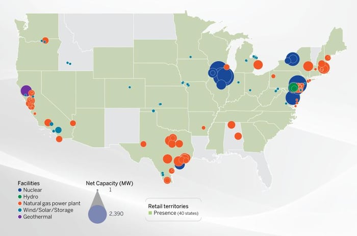 Combined with Calpine, Constellation Energy has a strong presence in Texas, California, and the northeast -- particularly in and around Viginia. 