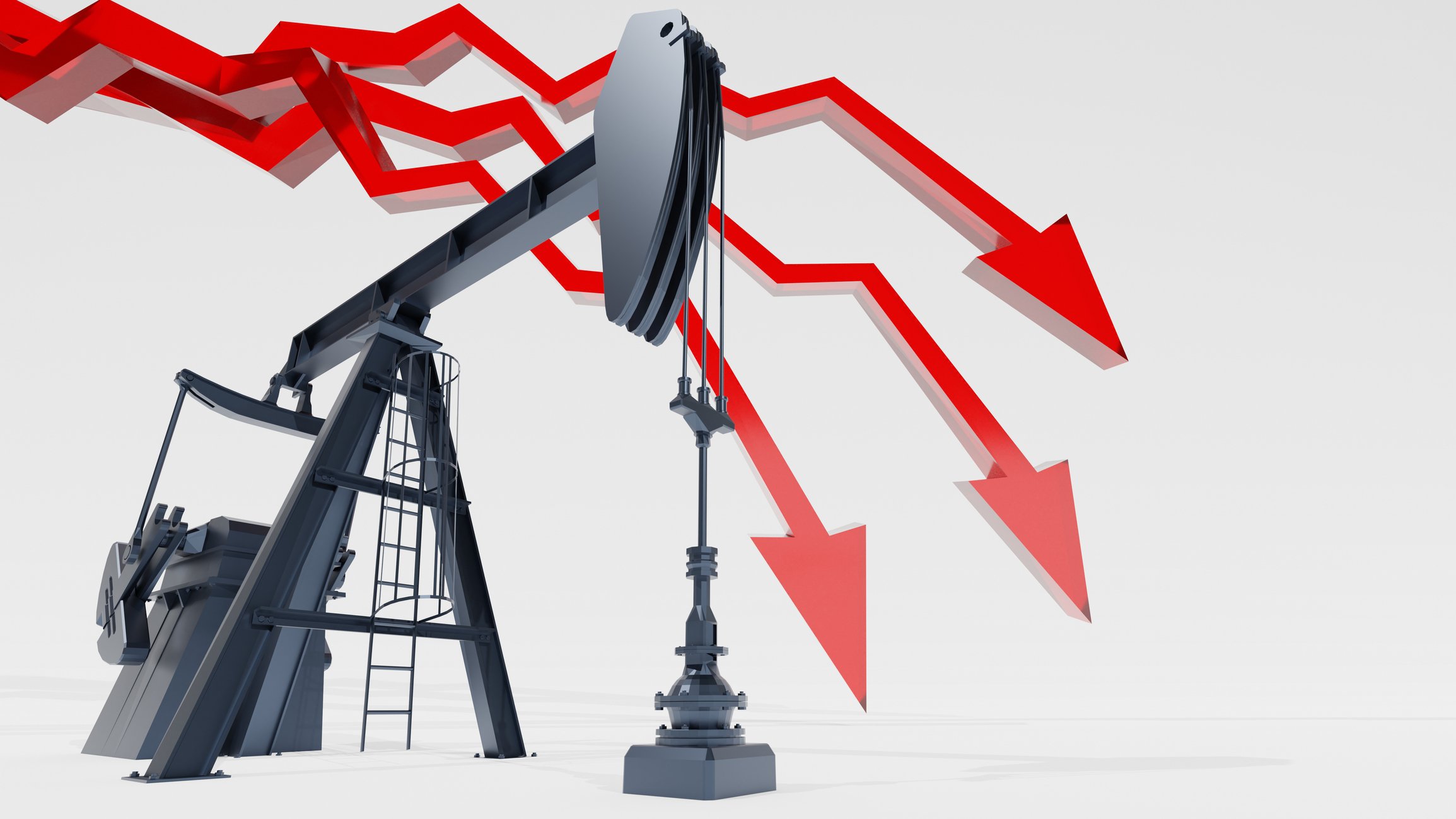 Three big red arrows pointing down superimposed on an oil drill.