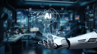 A robotic arm with the word AI hovering above.