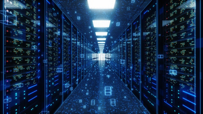 Racks of equipment in a data center. 
