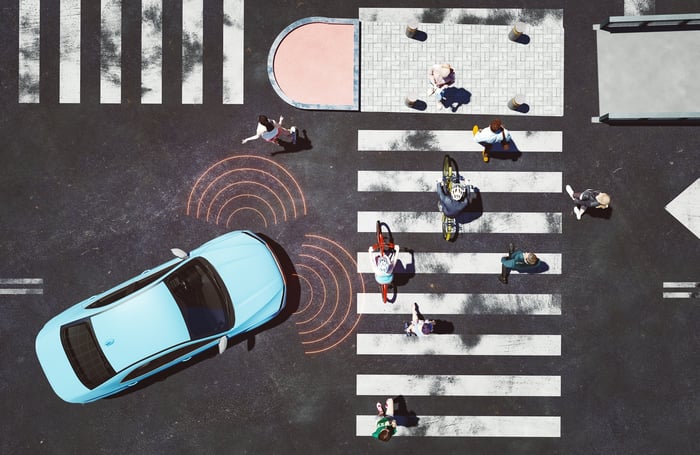 Aerial view of self-driving car detecting pedestrians on a clearly marked walkway. 