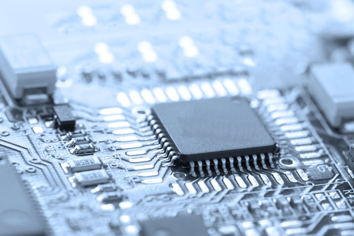 Close-up of a semiconductor chip.