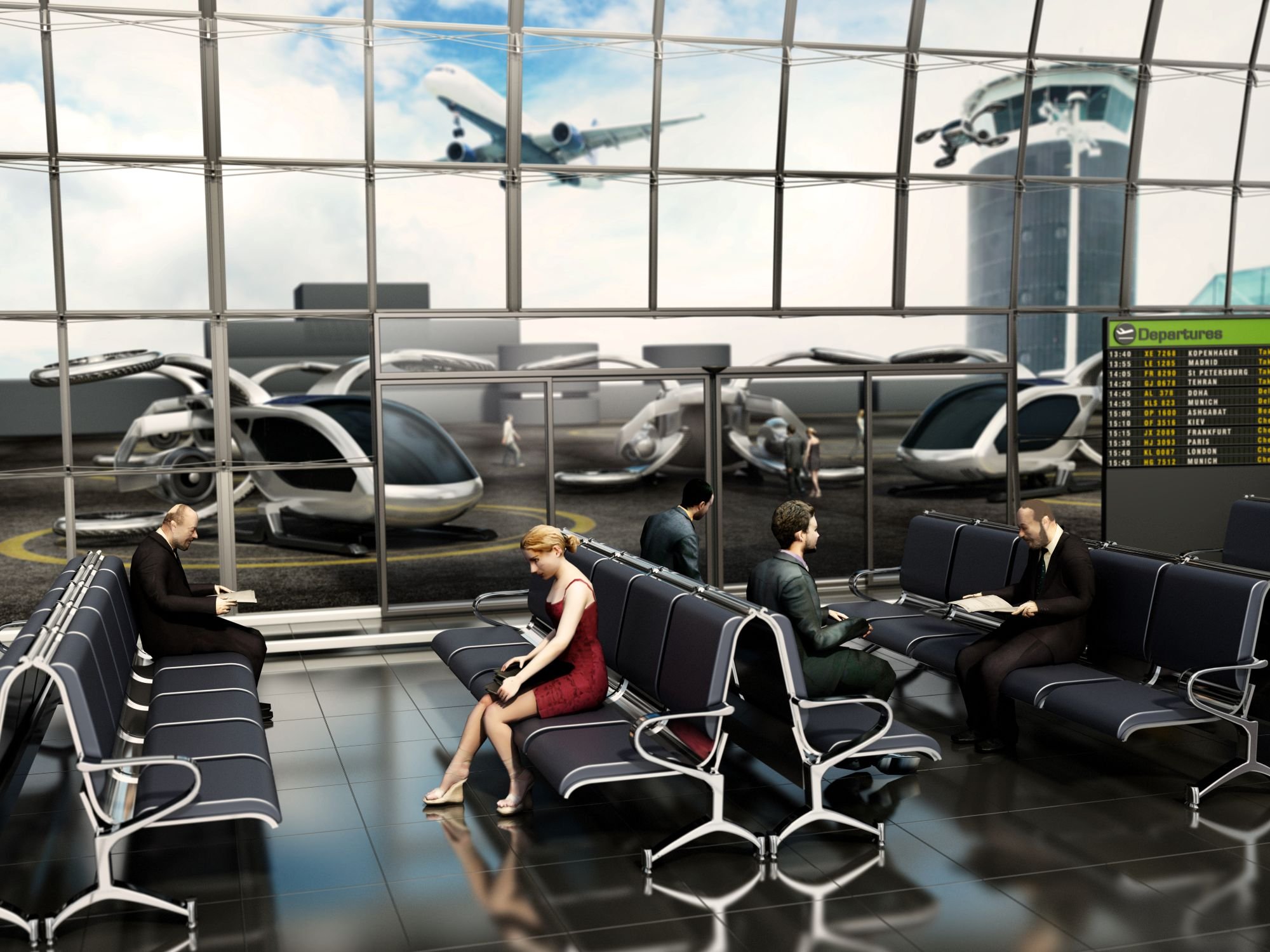 People in an airport with vertical take-off and landing aircraft outside