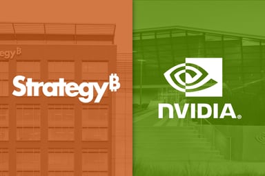 Strategy logo on left on orange filter and Nvidia logo on right on green filter_ The Motley Fool