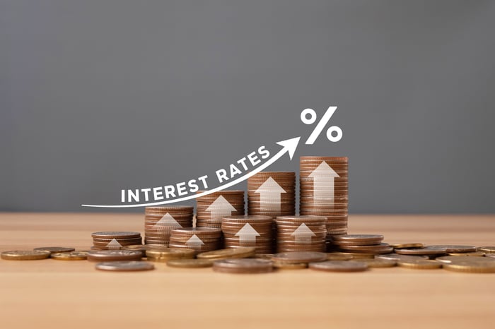Interest rates going up and to the right on top of stacks of coins.