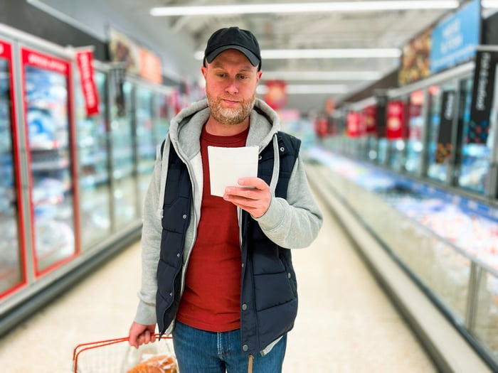 Person looking at a shopping list in a store.