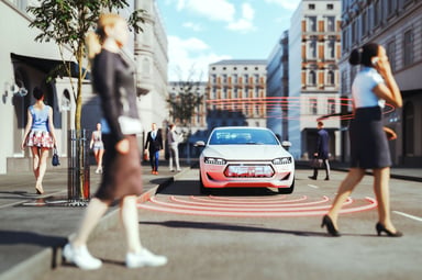 An autonomous vehicle detecting people walking.