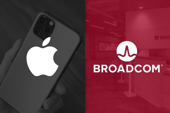 Apple and Broadcom logos over company images.