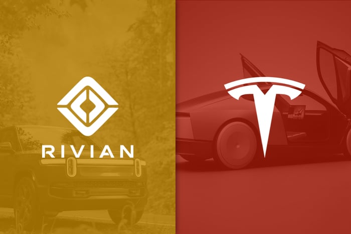 The Rivian and Tesla company logos.