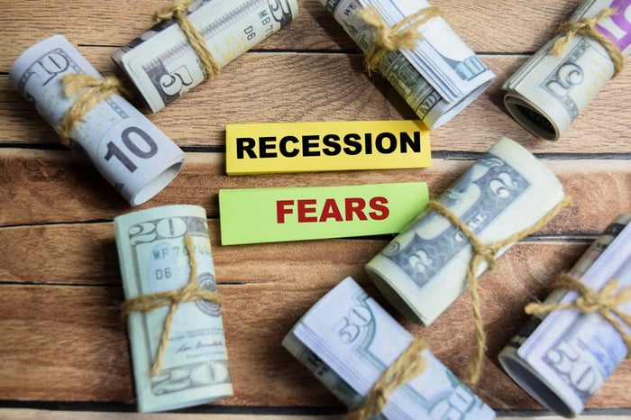 Cash wrapped in bundles with the words "Recession Fears" in the middle. 