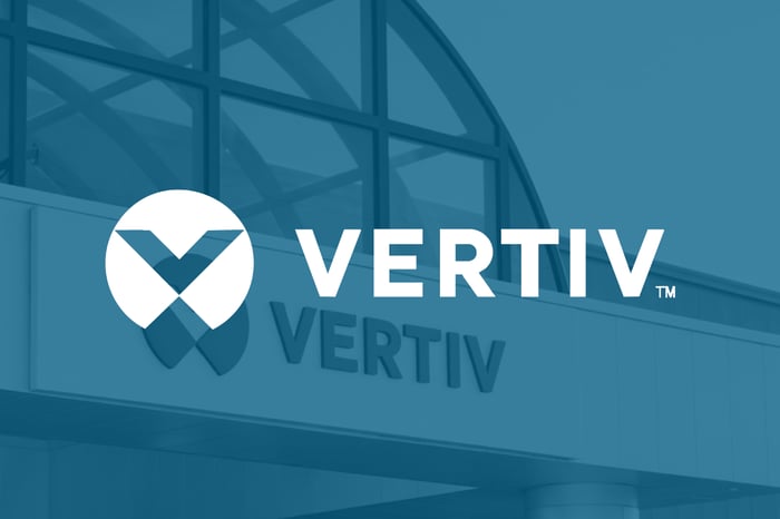 The Vertiv company logo against a blue background.