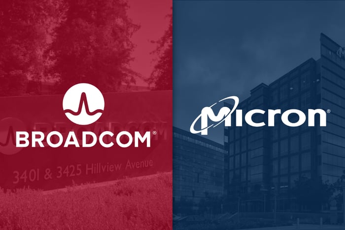 Broadcom and Micron logos against red and blue backgrounds, respectively.