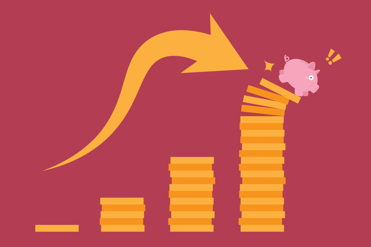 A piggy bank makes a startled expression as it teeters atop a stack of coins, illustrating the uncertainty of generating passive income from stocks.