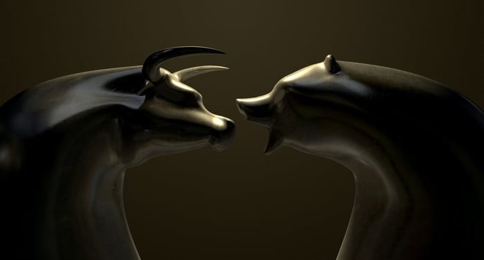 A bull and a bear are facing off.