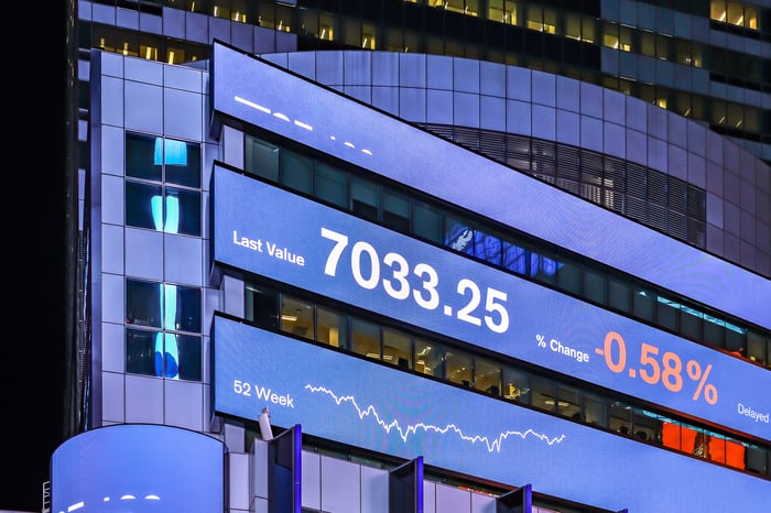 stock ticker tape on side of building