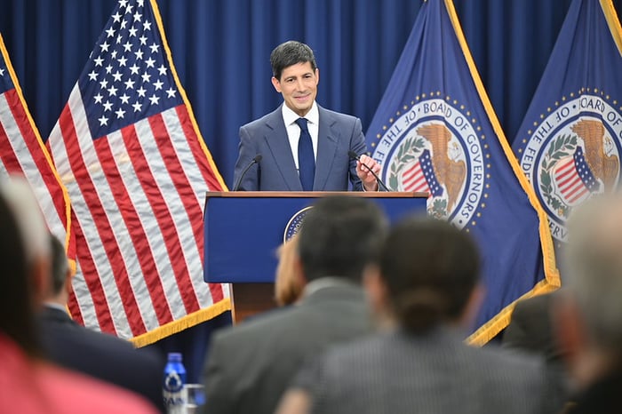 Fed Chair Kevin Warsh answers questions at a news conference. 