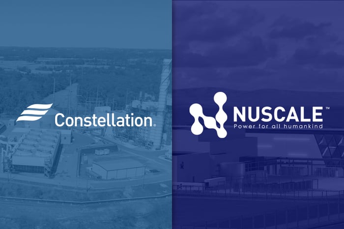 Image shows a side-by-side with Constellation Energy's company logo on the left and NuScale Power's logo on the right. 