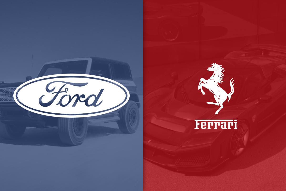 Ford logo on left on blue filter and Ferrari logo on right on red filter_ The Motley Fool