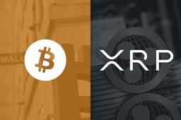 Bitcoin logo on left on orange filter and XRP logo on right on black filter_ The Motley Fool
