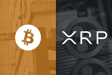 Bitcoin logo on left on orange filter and XRP logo on right on black filter_ The Motley Fool