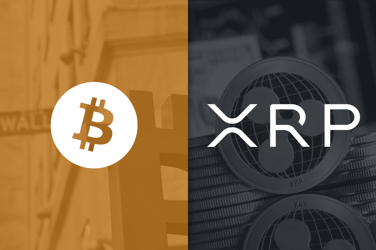 Bitcoin logo on left on orange filter and XRP logo on right on black filter_ The Motley Fool