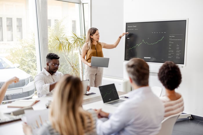 Someone pointing to a stock price chart while others look from their seats.