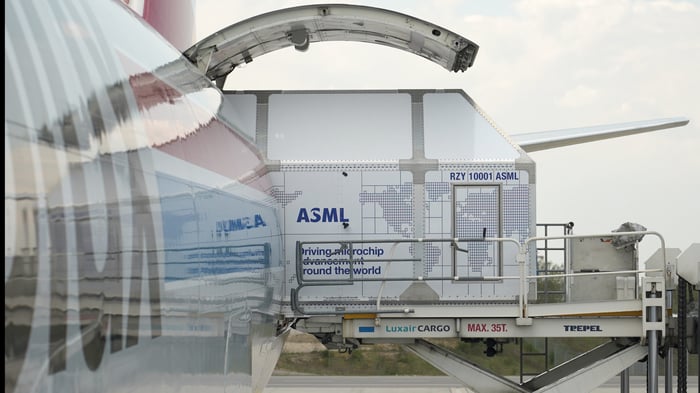 Image of an ASML crate being loaded onto an airplane.