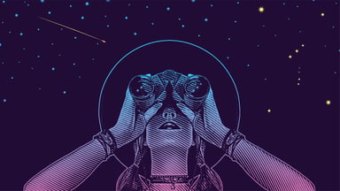 Illustration in a wood carving style of a person looking through binoculars at the cosmos, illustrating investor interest in the SpaceX initial public offering.
