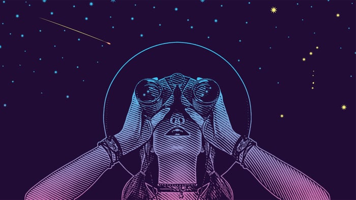 Illustration in a wood carving style of a person looking through binoculars at the cosmos.