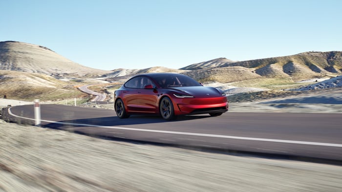 A Tesla Model 3 Performance on a highway.