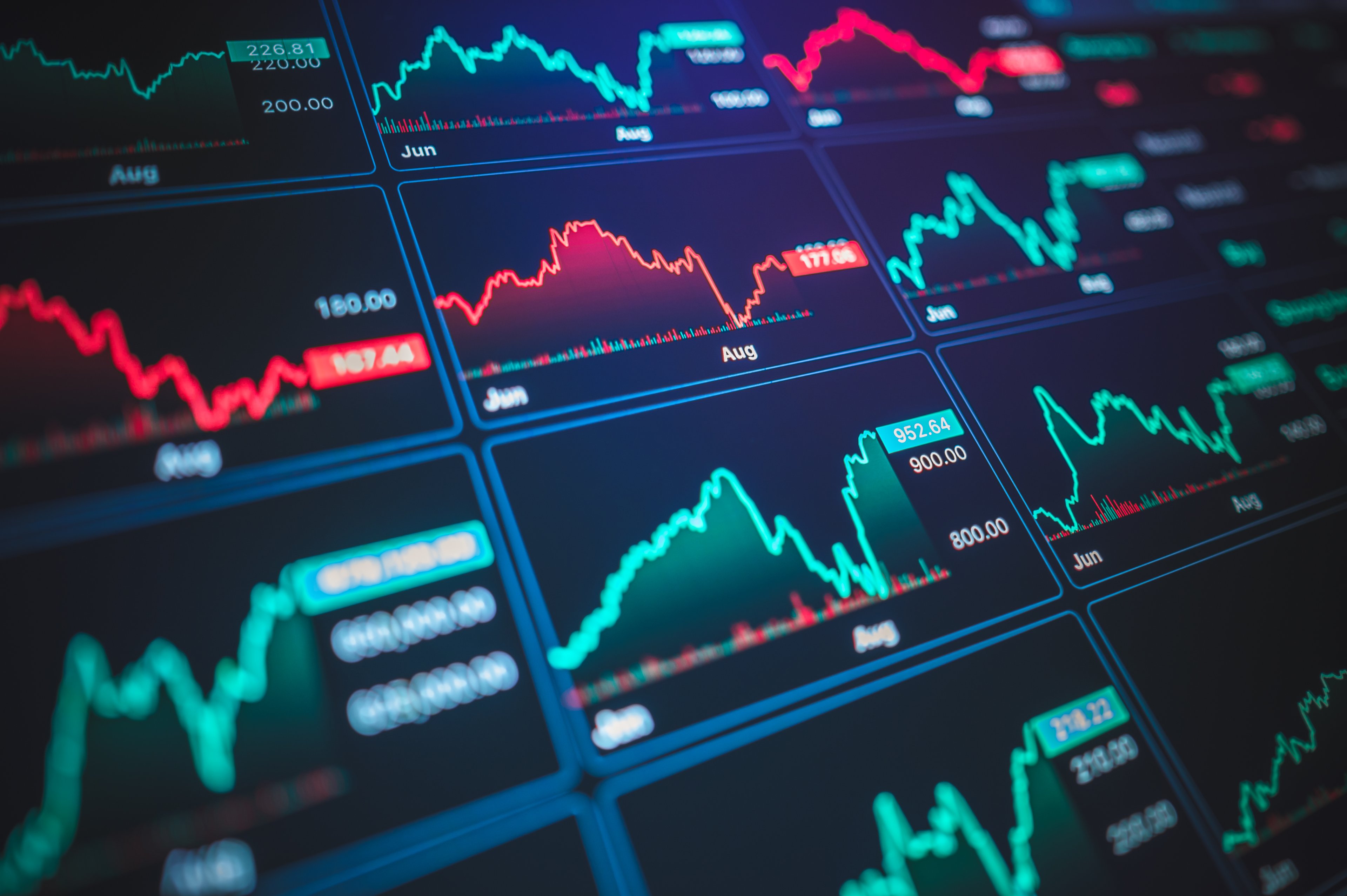 A grid of digital stock charts showing fluctuating market prices over time getty